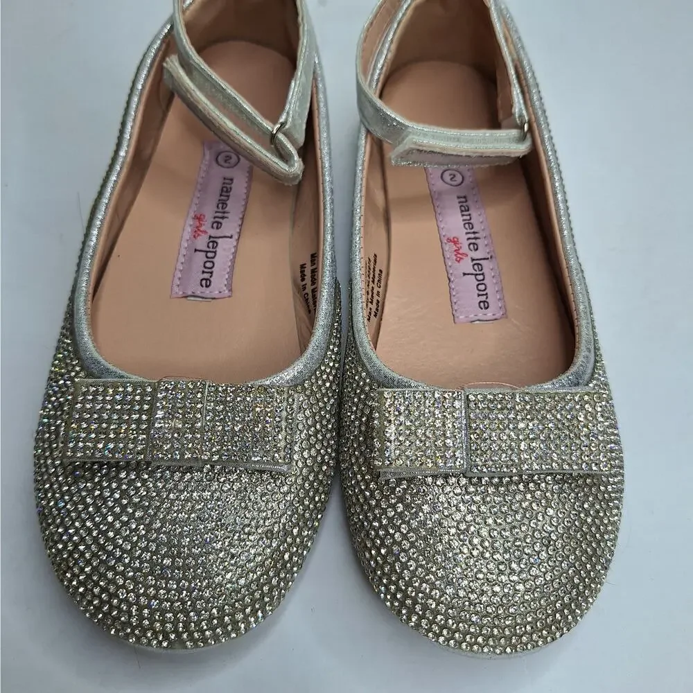 Nanette Lepore Girls Glitter Ballet Flats 2 Party Shoes Bling Rhinestone Bows